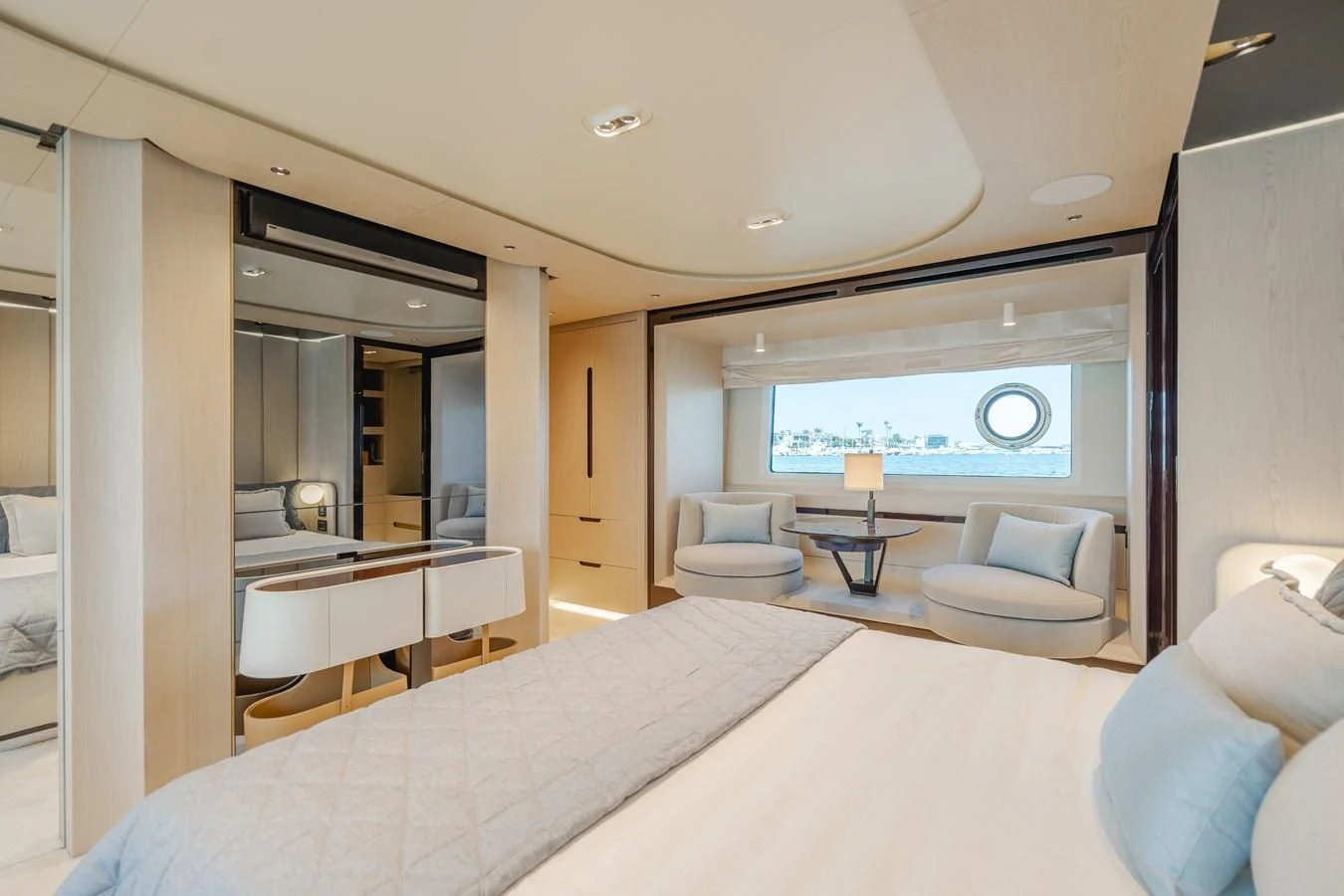 a large bedroom with a large screen aboard AZIMUT 25 METRI GRANDE Yacht for Sale