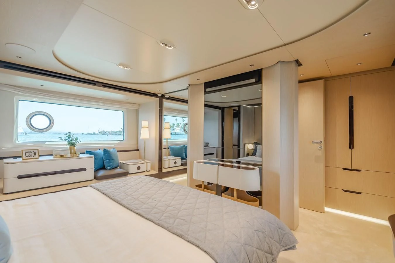 a bedroom with a large bed aboard AZIMUT 25 METRI GRANDE Yacht for Sale