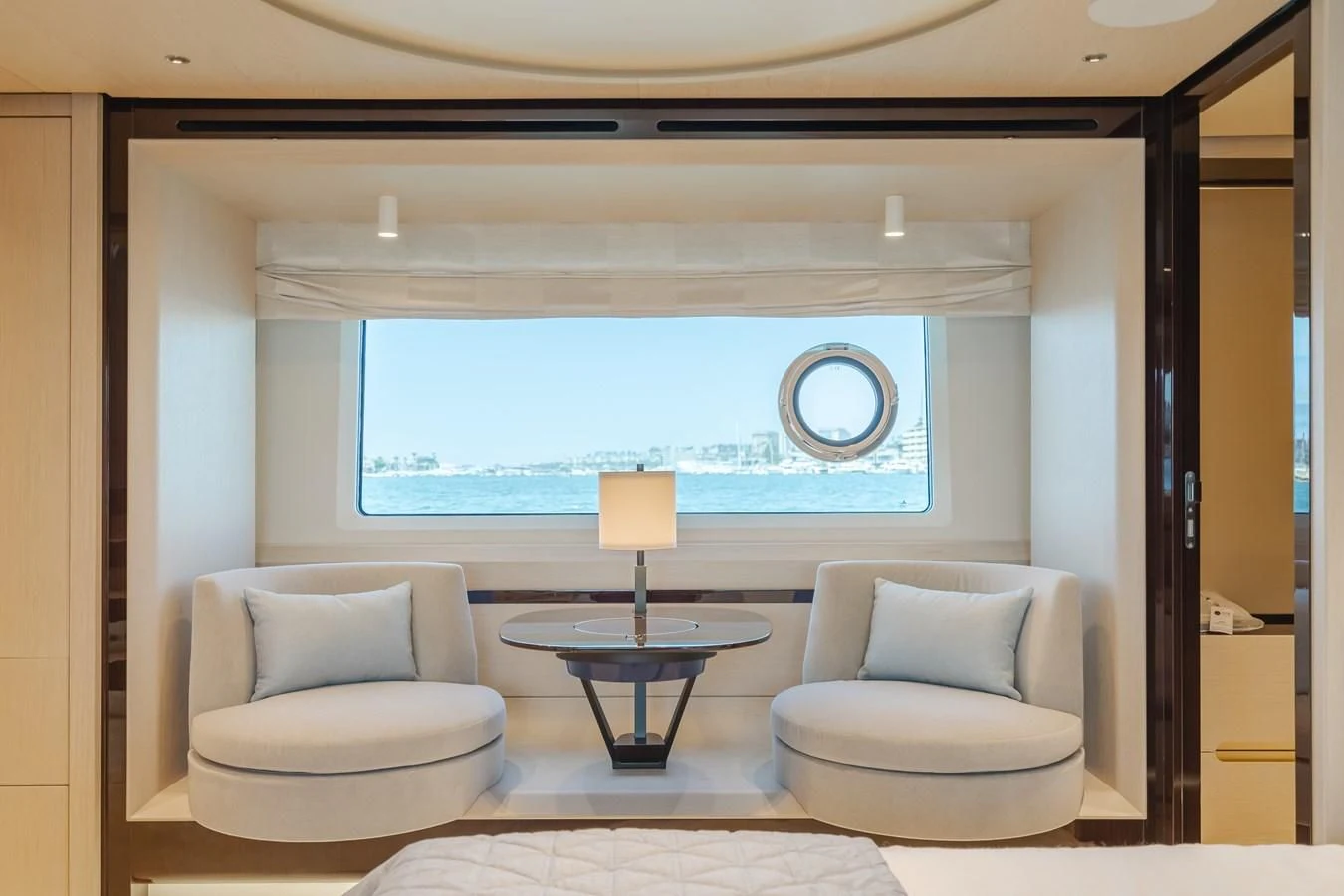 a room with a large window aboard AZIMUT 25 METRI GRANDE Yacht for Sale