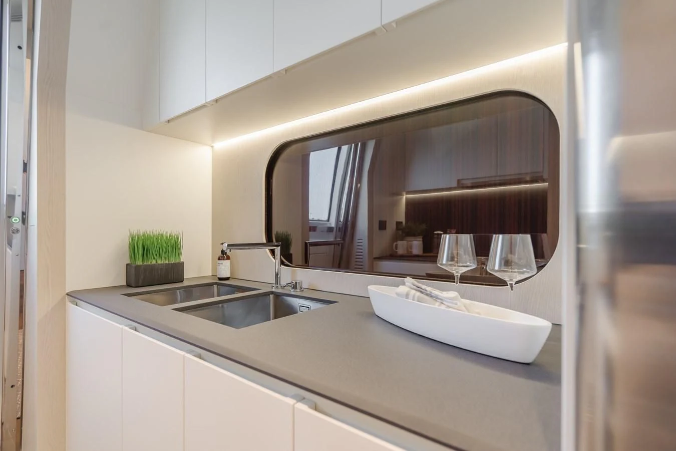 a bathroom with a large mirror aboard AZIMUT 25 METRI GRANDE Yacht for Sale
