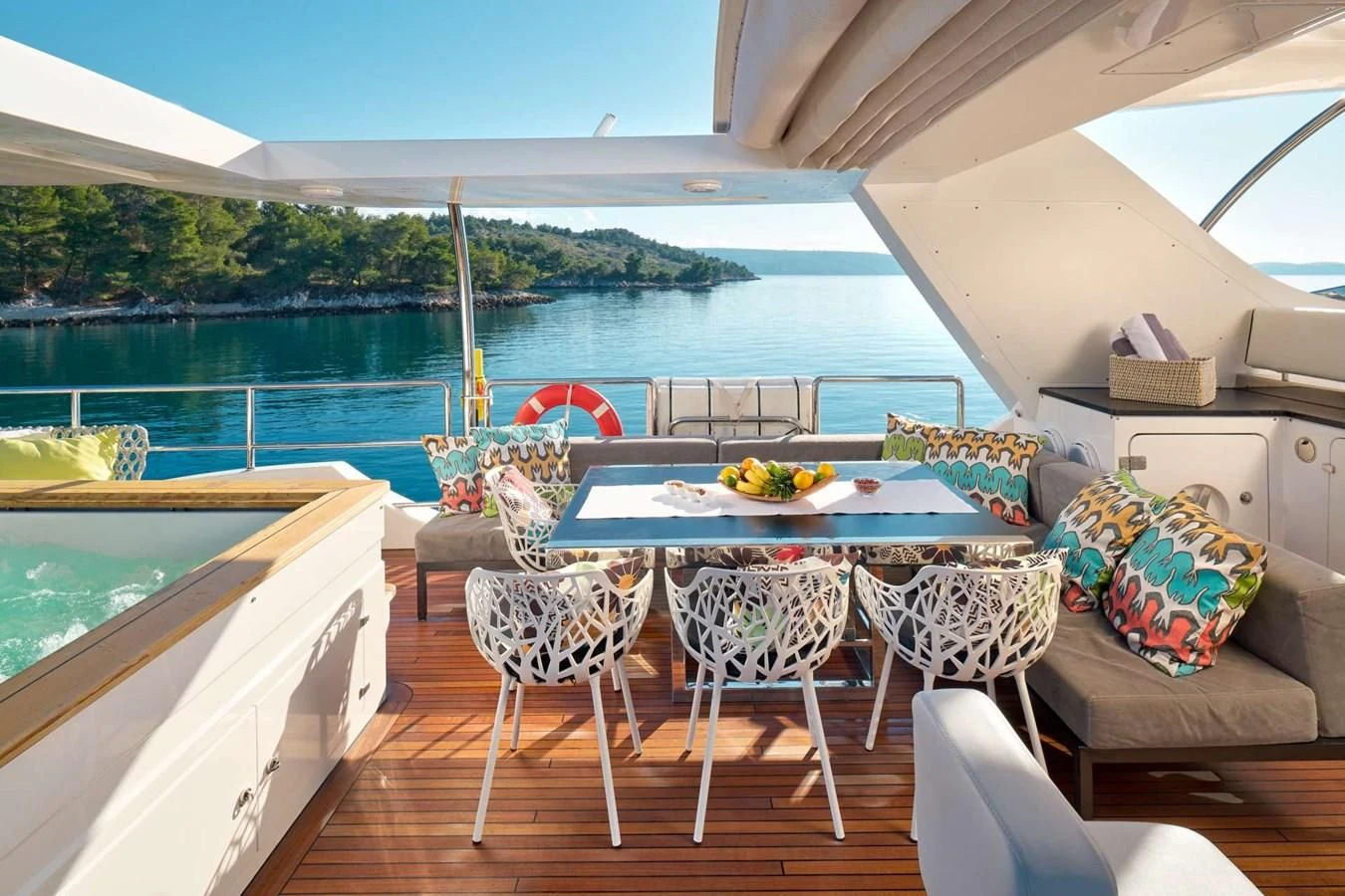 a table and chairs on a boat aboard OCEAN DRIVE Yacht for Charter
