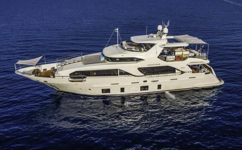 a white yacht in the water aboard OCEAN DRIVE Yacht for Charter