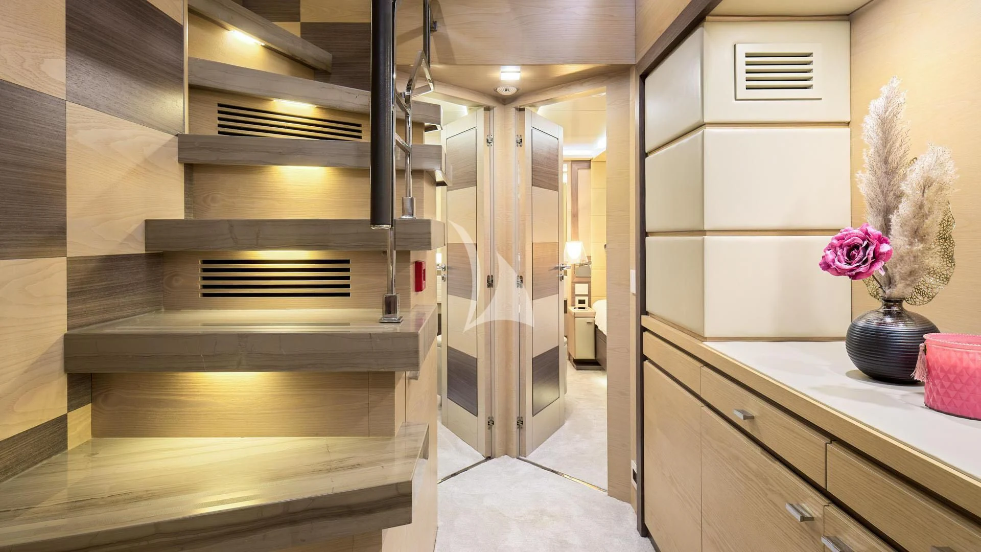 a large kitchen with a large glass door aboard OCEAN DRIVE Yacht for Charter
