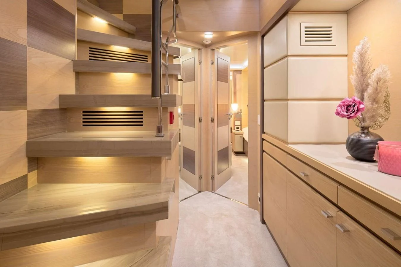 a large kitchen with a large glass door aboard OCEAN DRIVE Yacht for Charter