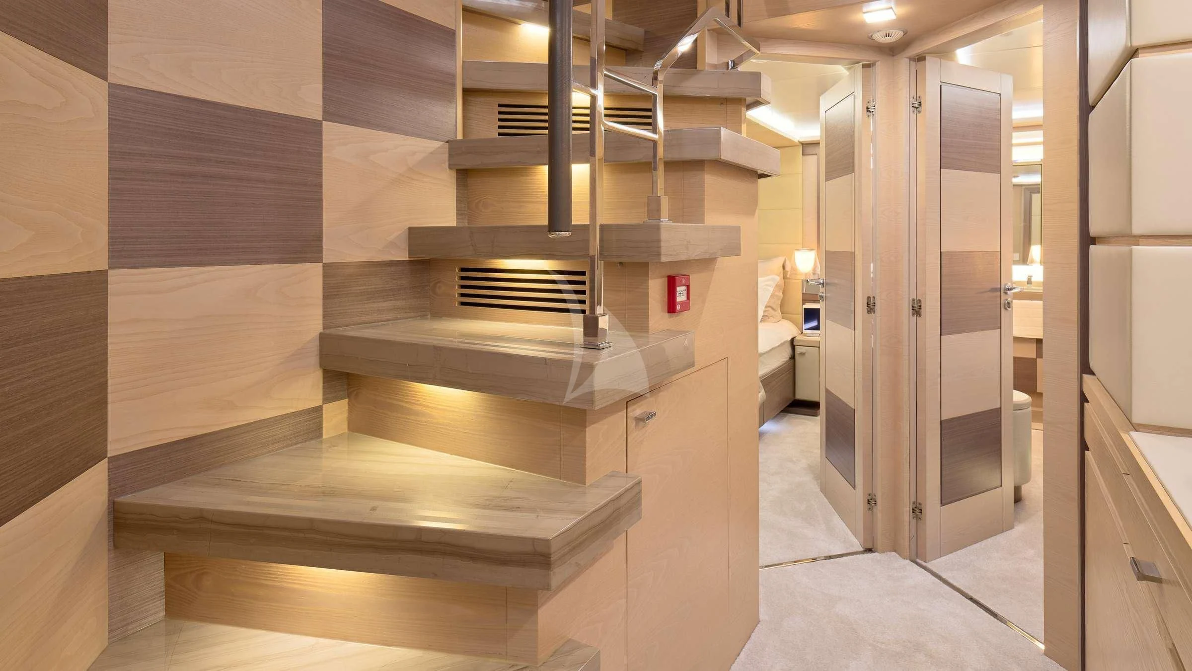 a room with a staircase and a door aboard OCEAN DRIVE Yacht for Charter