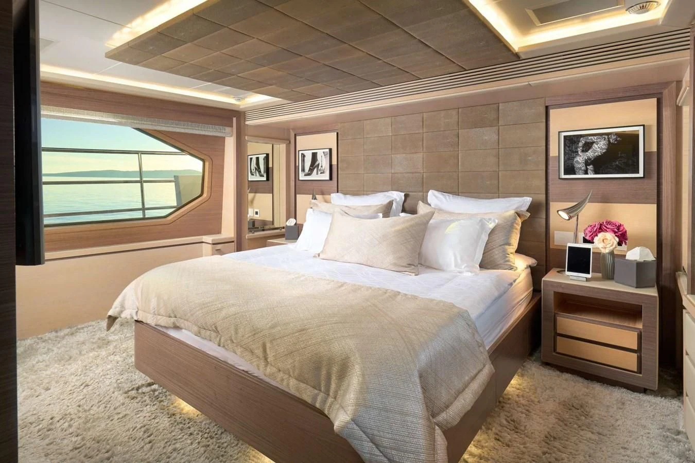 a large bed in a room aboard OCEAN DRIVE Yacht for Charter