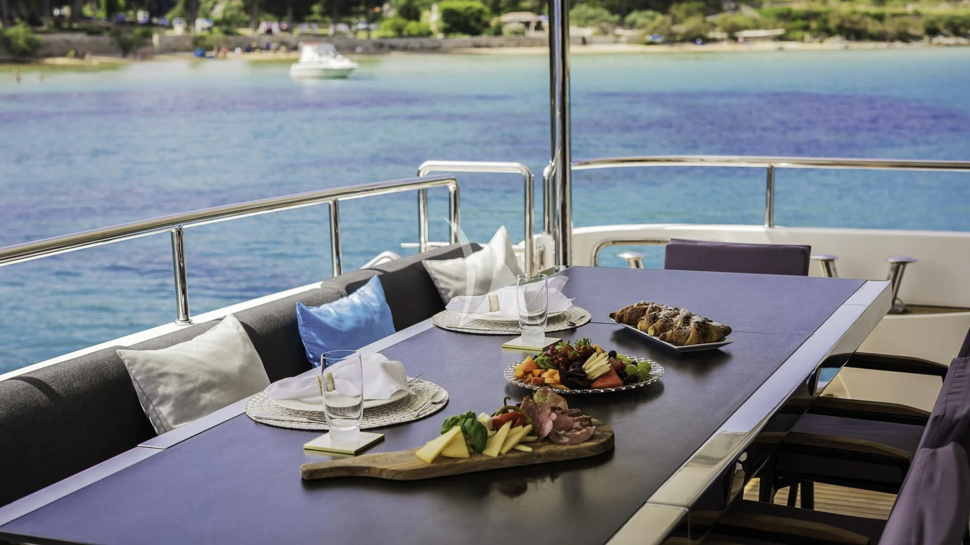 a table with food on it aboard OCEAN DRIVE Yacht for Charter