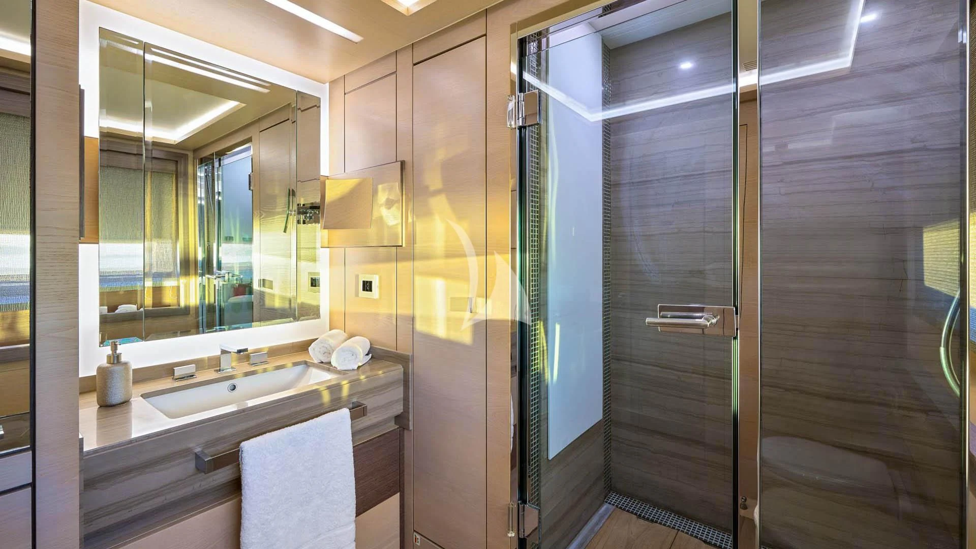 a bathroom with a large glass shower aboard OCEAN DRIVE Yacht for Charter