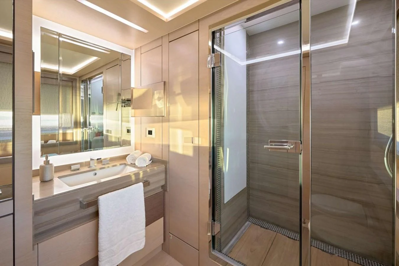 a bathroom with a shower unit and sink aboard OCEAN DRIVE Yacht for Charter