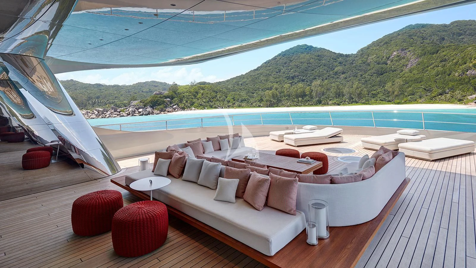 a lounge area with a large body of water and a large white lounge chair with a large white aboard SAVANNAH Yacht for Sale