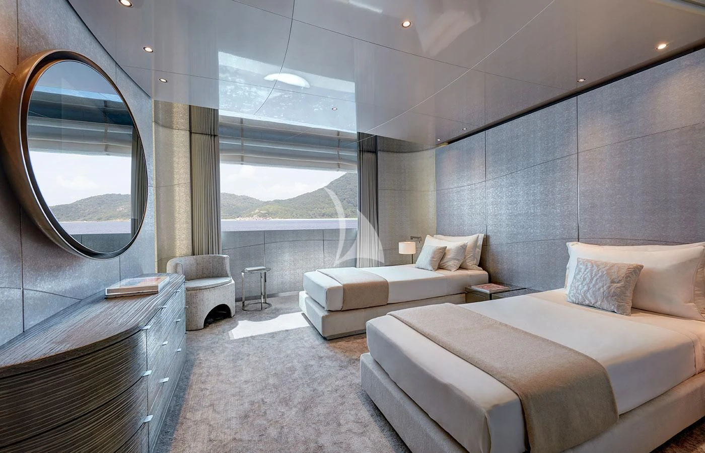 a room with a bed and a large window aboard SAVANNAH Yacht for Sale