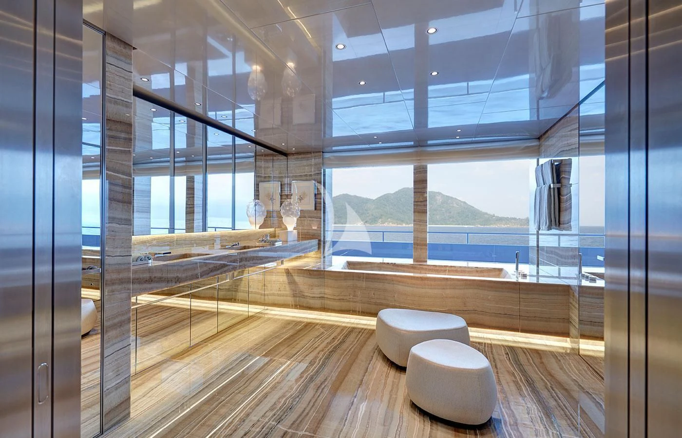 a room with a wood floor and a large window aboard SAVANNAH Yacht for Sale