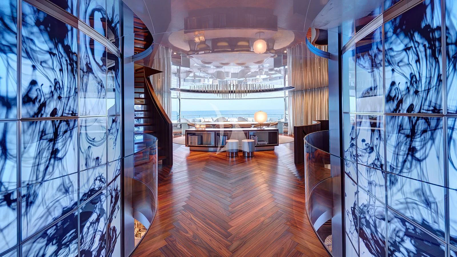 a room with a wood floor and a large mirror aboard SAVANNAH Yacht for Sale