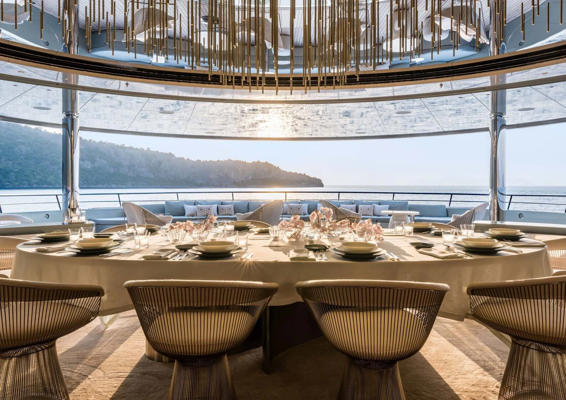 a table set for a dinner aboard SAVANNAH Yacht for Sale