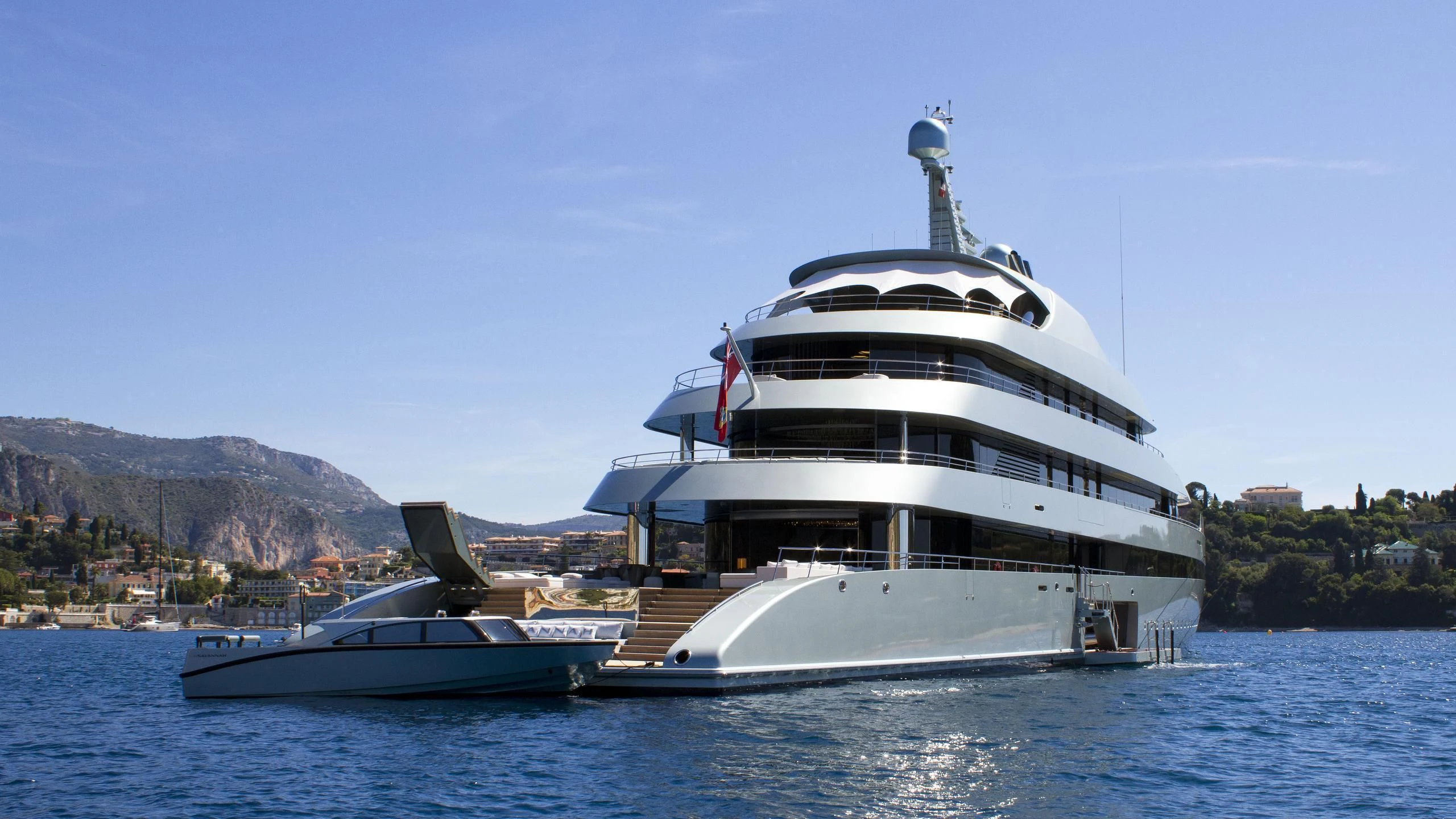 a large white yacht in the water aboard SAVANNAH Yacht for Sale