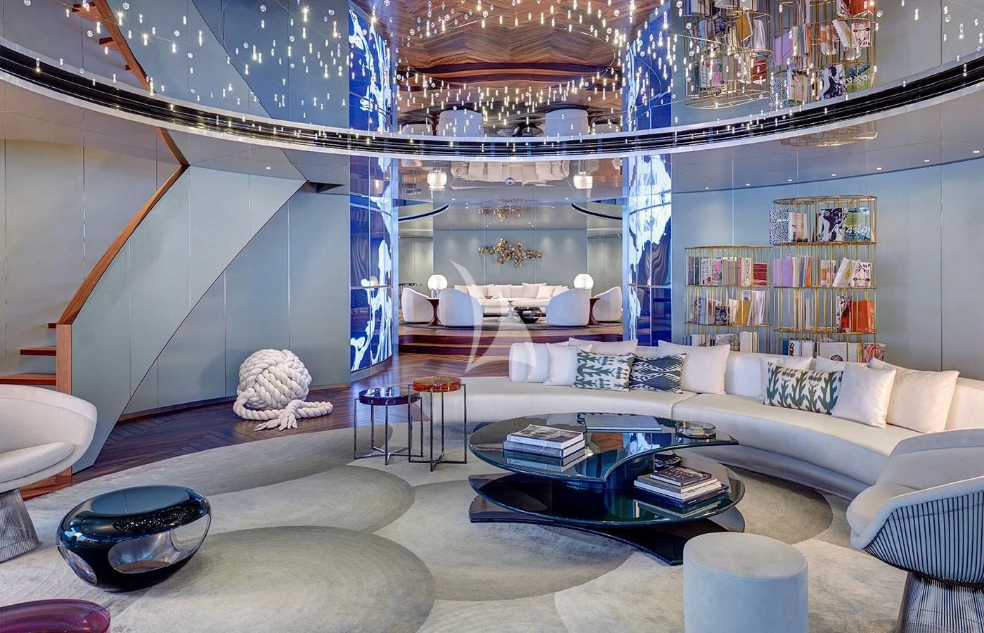 a living room with a large mirror aboard SAVANNAH Yacht for Sale