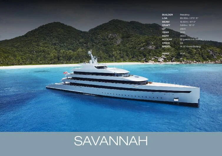 a white yacht in the water aboard SAVANNAH Yacht for Sale