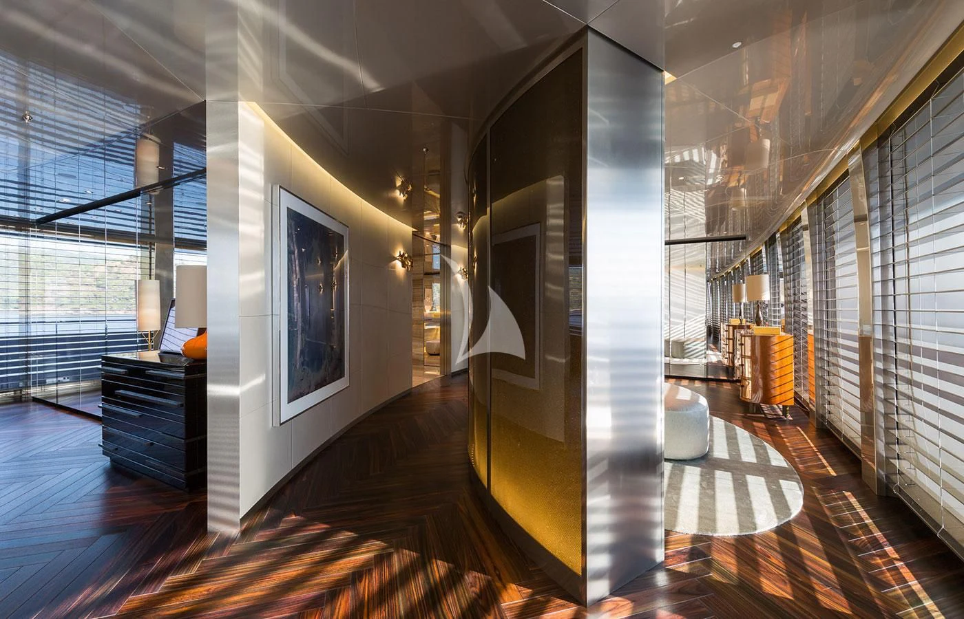 a room with a large mirror aboard SAVANNAH Yacht for Sale
