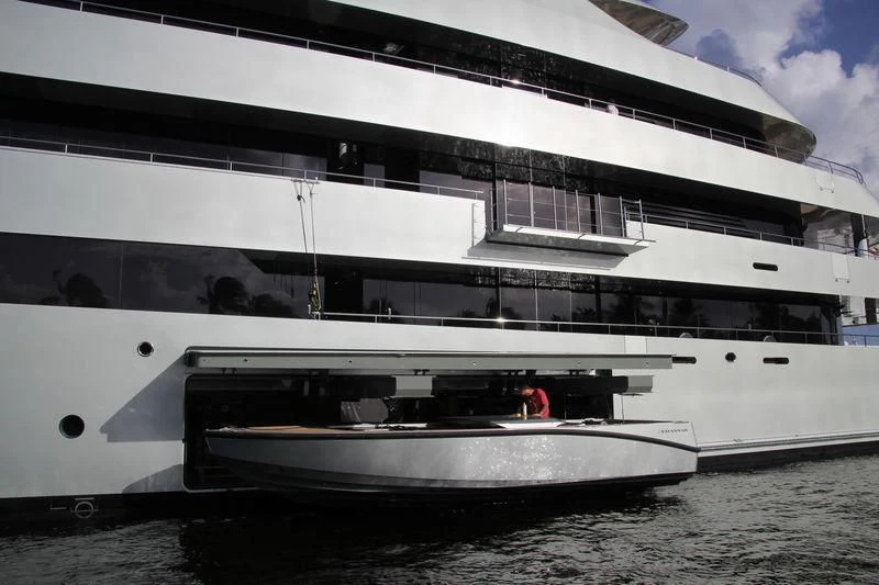 a large white boat on the beach aboard SAVANNAH Yacht for Sale