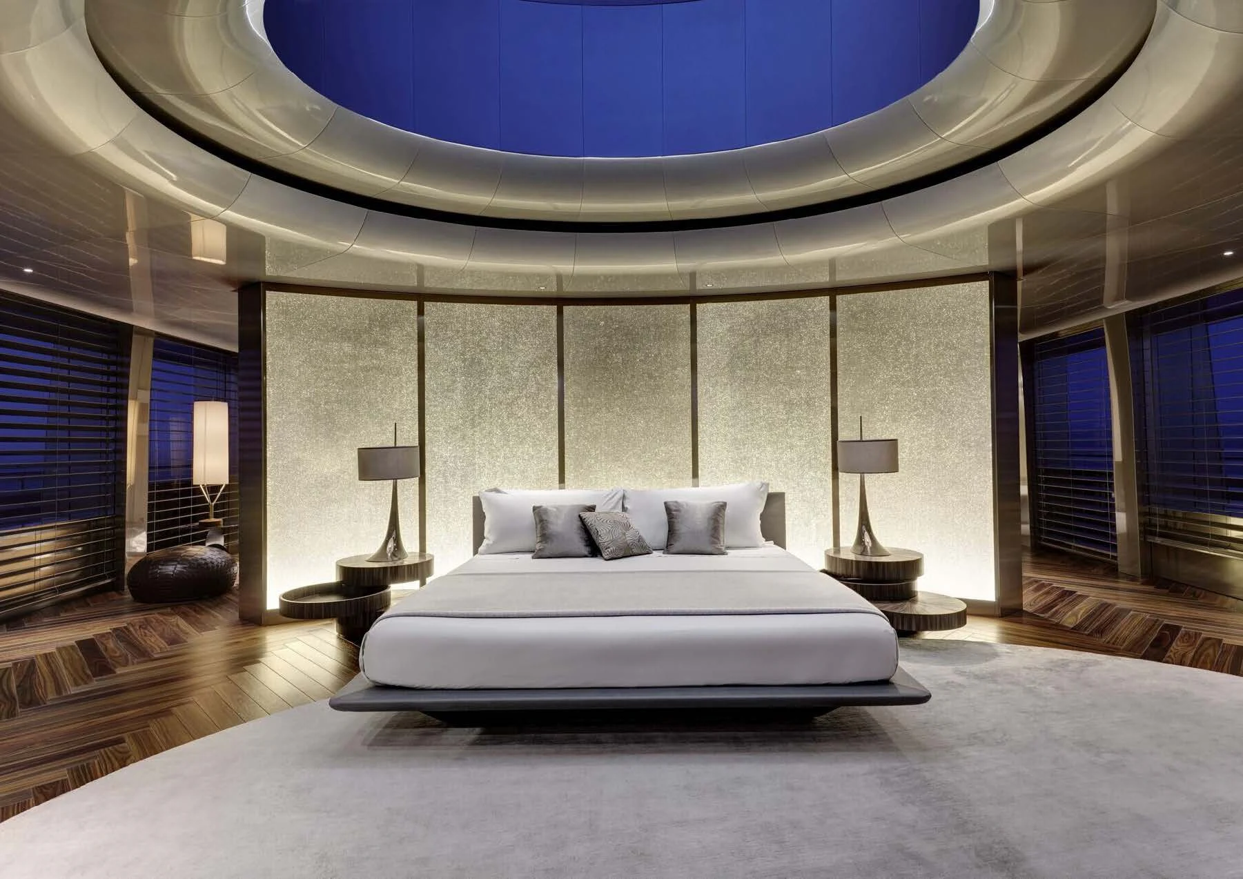a large bedroom with a large mirror aboard SAVANNAH Yacht for Sale