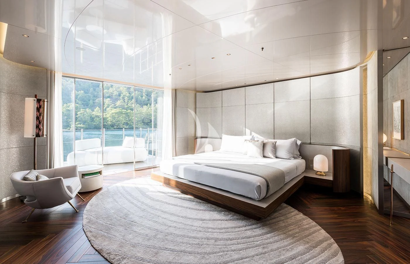 a large bedroom with a large bed aboard SAVANNAH Yacht for Sale