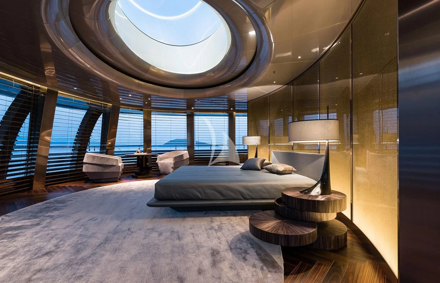 a large bedroom with a large bed aboard SAVANNAH Yacht for Sale