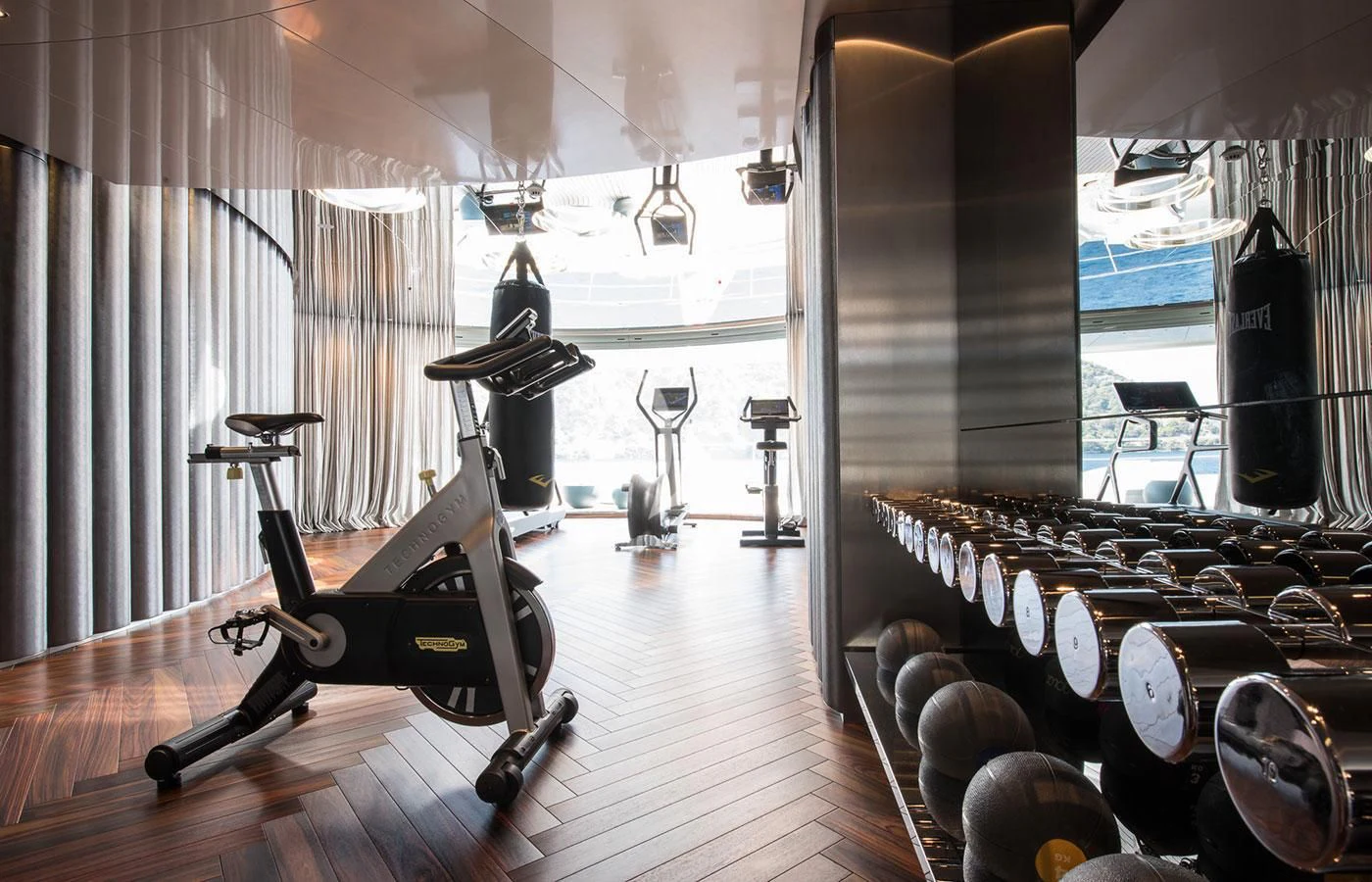 a room with a drum set and microphones aboard SAVANNAH Yacht for Sale