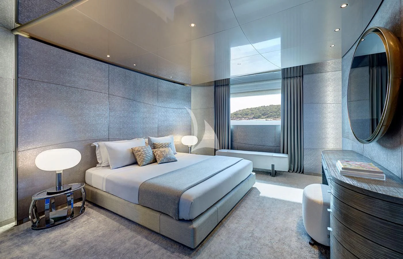 a large bedroom with a large bed aboard SAVANNAH Yacht for Sale