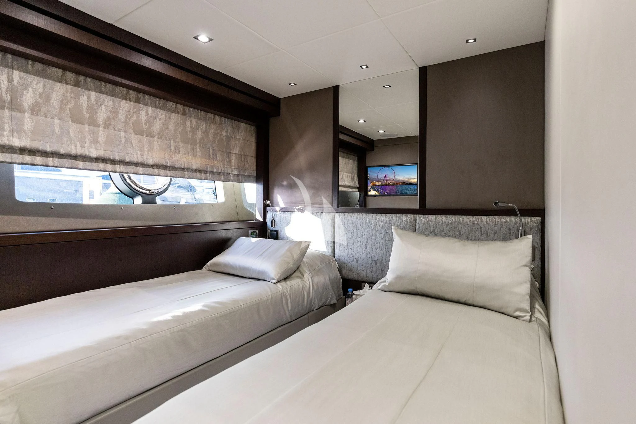 a room with two beds aboard NEW EDGE Yacht for Sale