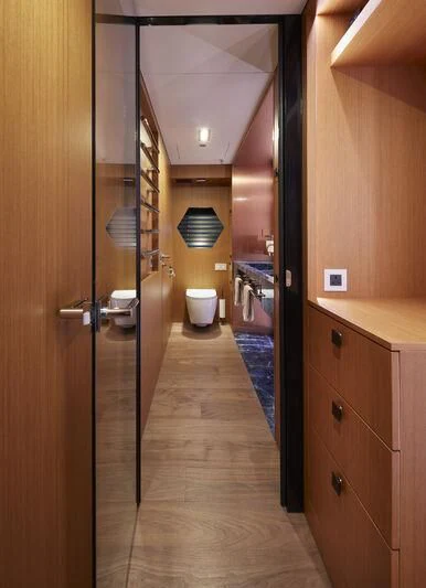 a bathroom with a stand up shower aboard BLUE JEANS Yacht for Sale