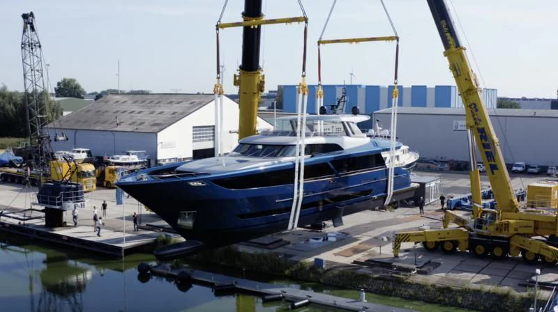a boat docked at a port aboard BLUE JEANS Yacht for Sale