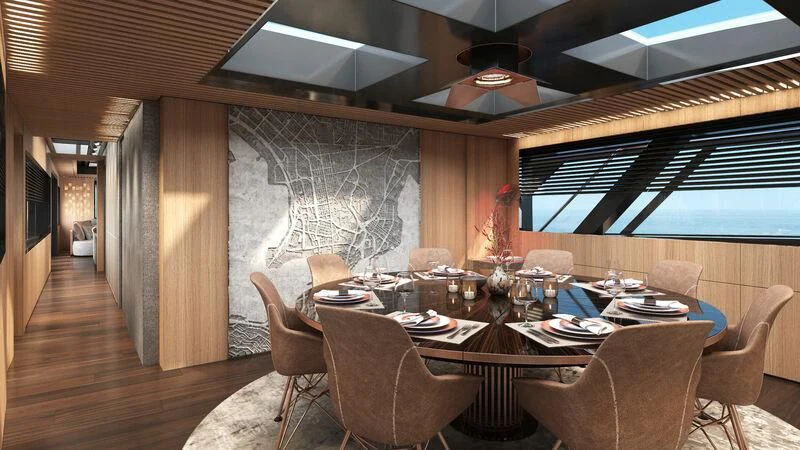 a room with a table chairs and a large window aboard BLUE JEANS Yacht for Sale