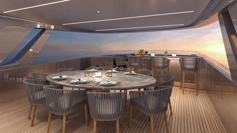 a large room with a table and chairs aboard BLUE JEANS Yacht for Sale