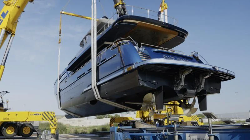 a large boat on a trailer aboard BLUE JEANS Yacht for Sale