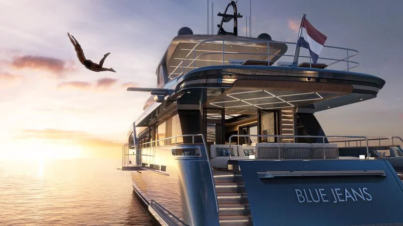 a boat with a bird flying over it aboard BLUE JEANS Yacht for Sale