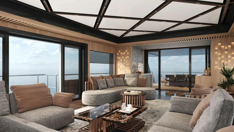 a living room with a large window aboard BLUE JEANS Yacht for Sale