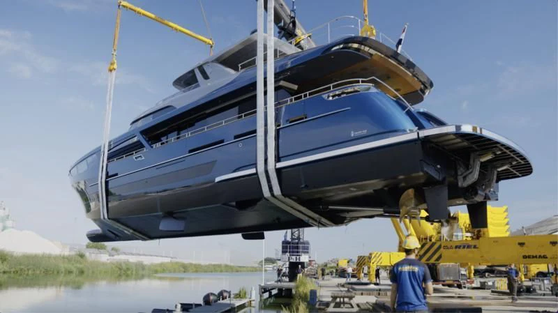 a large boat on a trailer aboard BLUE JEANS Yacht for Sale