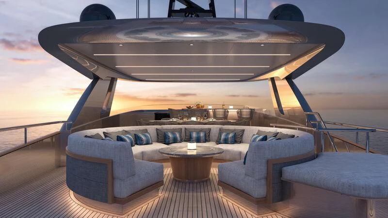 a large living room with a large round ceiling aboard BLUE JEANS Yacht for Sale