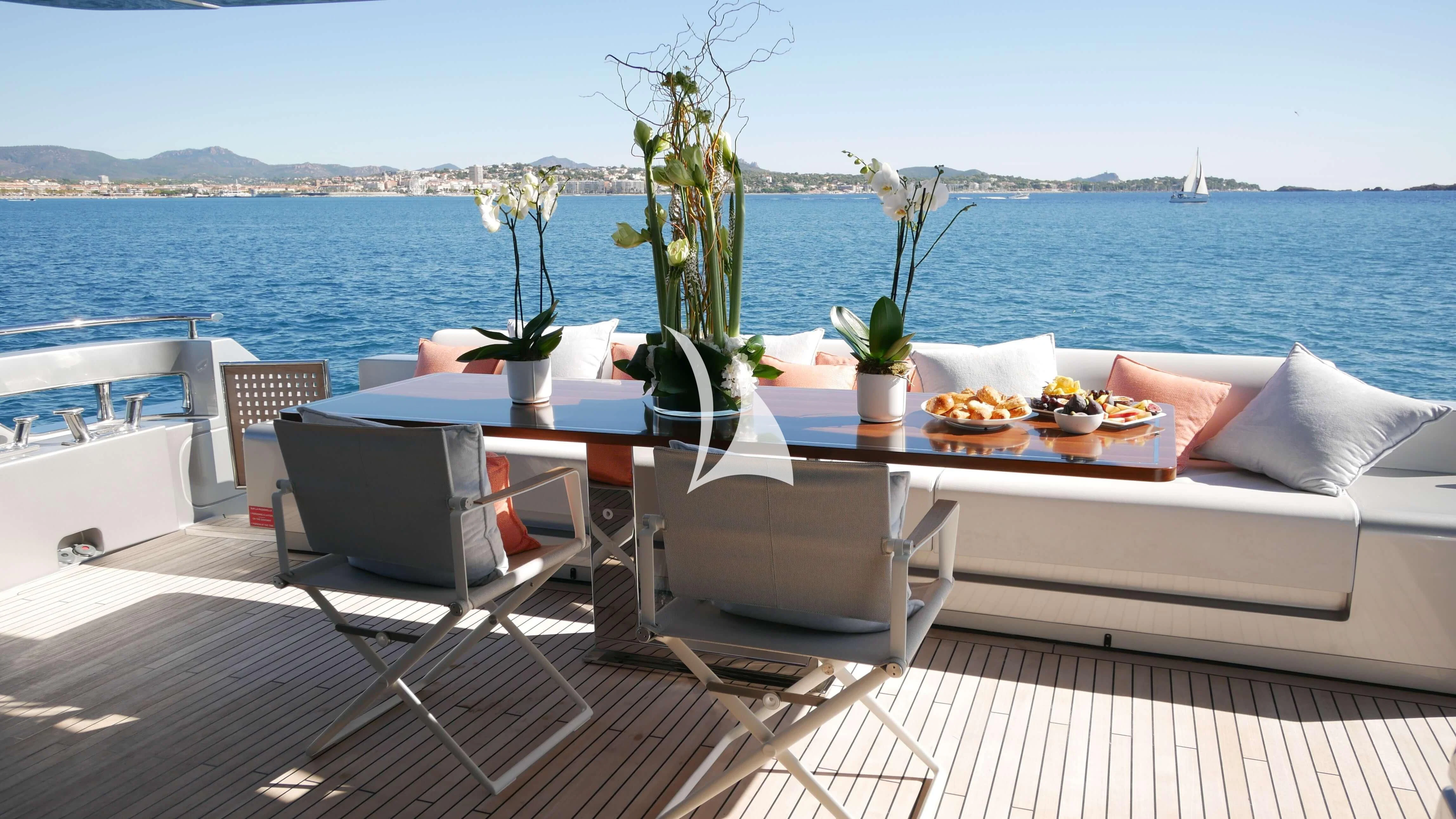 a table with food on it by a large body of water aboard BASILIC Yacht for Sale