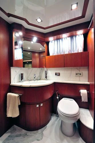 a bathroom with red walls aboard BIANCA Yacht for Sale