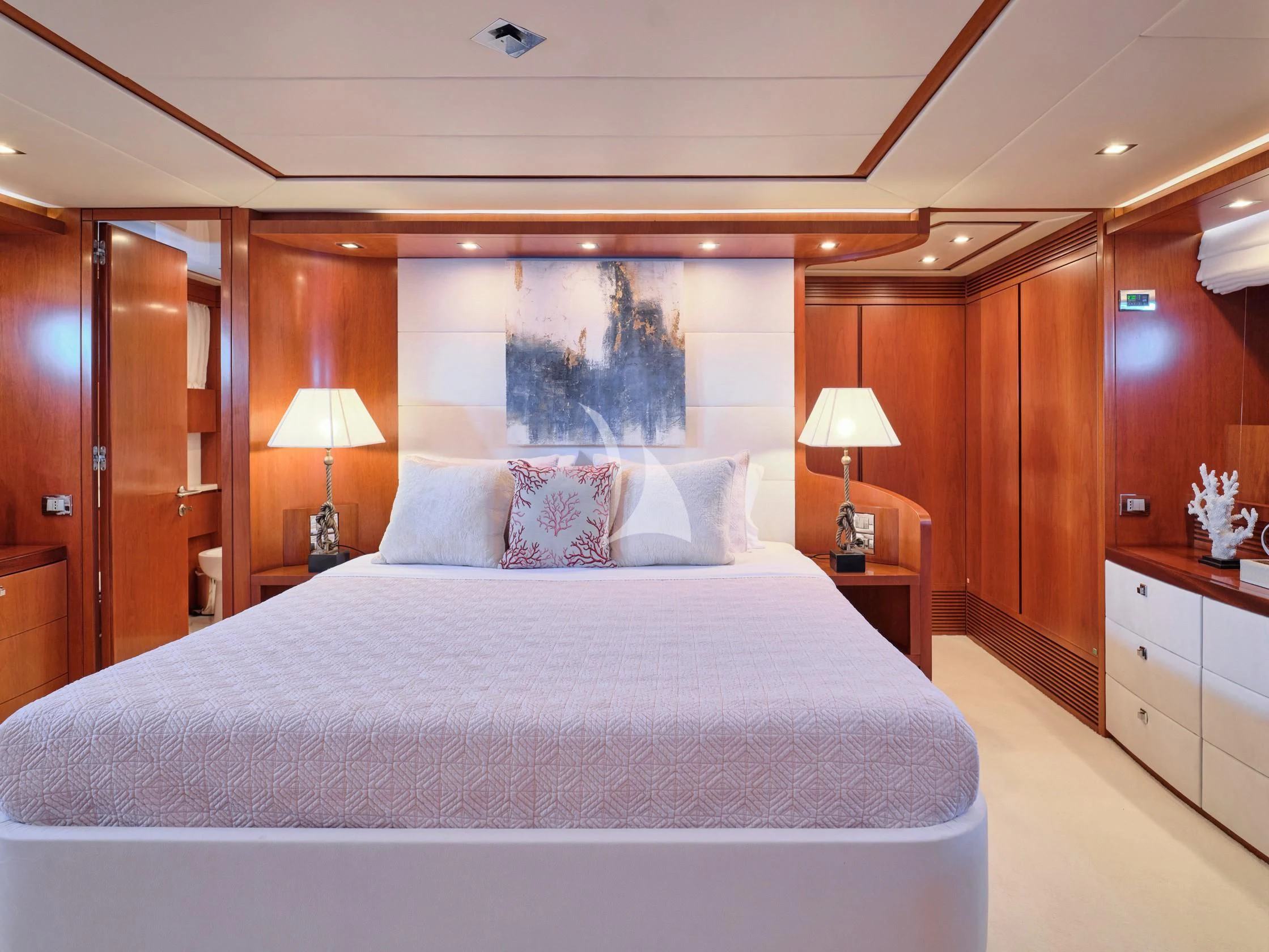 a large bed in a room aboard BIANCA Yacht for Sale