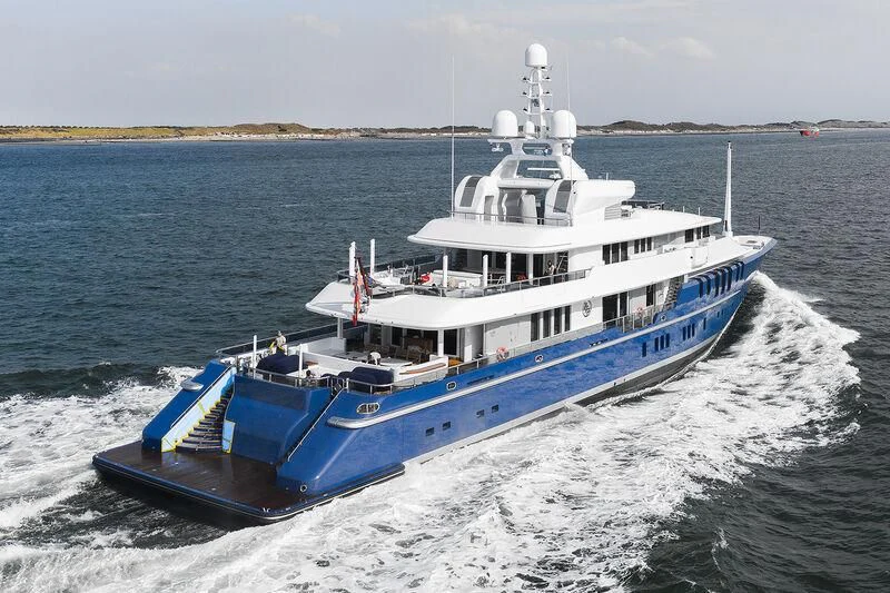 a large boat on the water aboard TRIPLE SEVEN Yacht for Sale