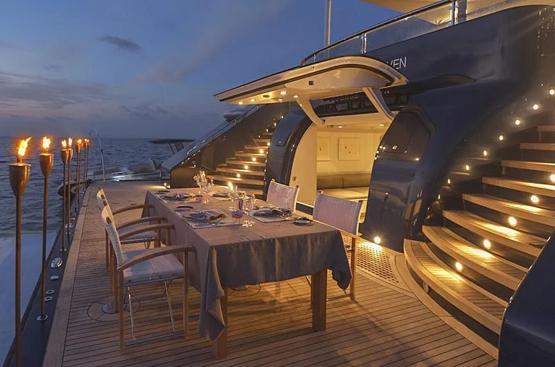 a table on a boat aboard TRIPLE SEVEN Yacht for Sale