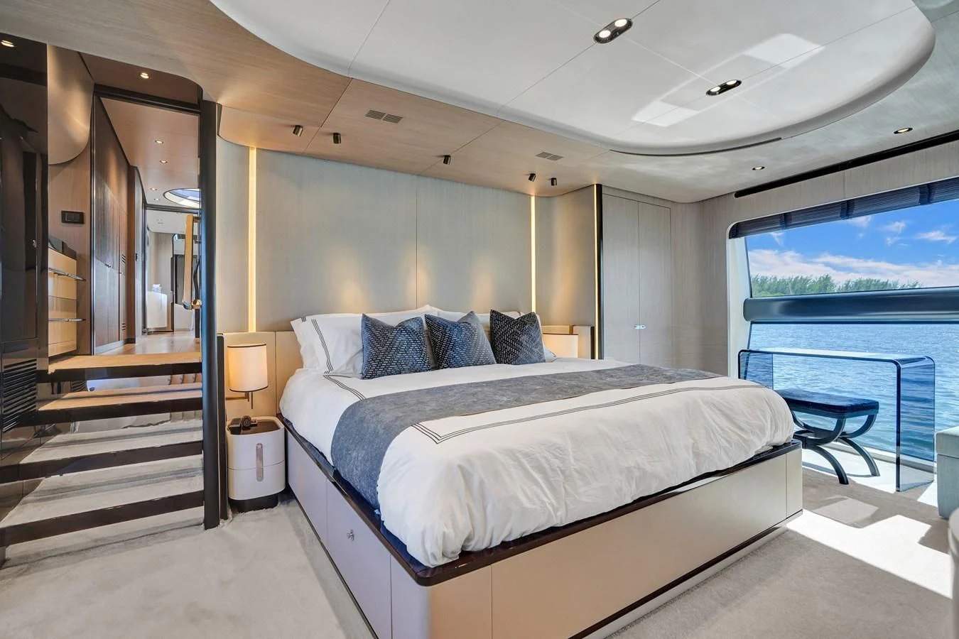a bed in a room aboard ENCHANTE Yacht for Sale