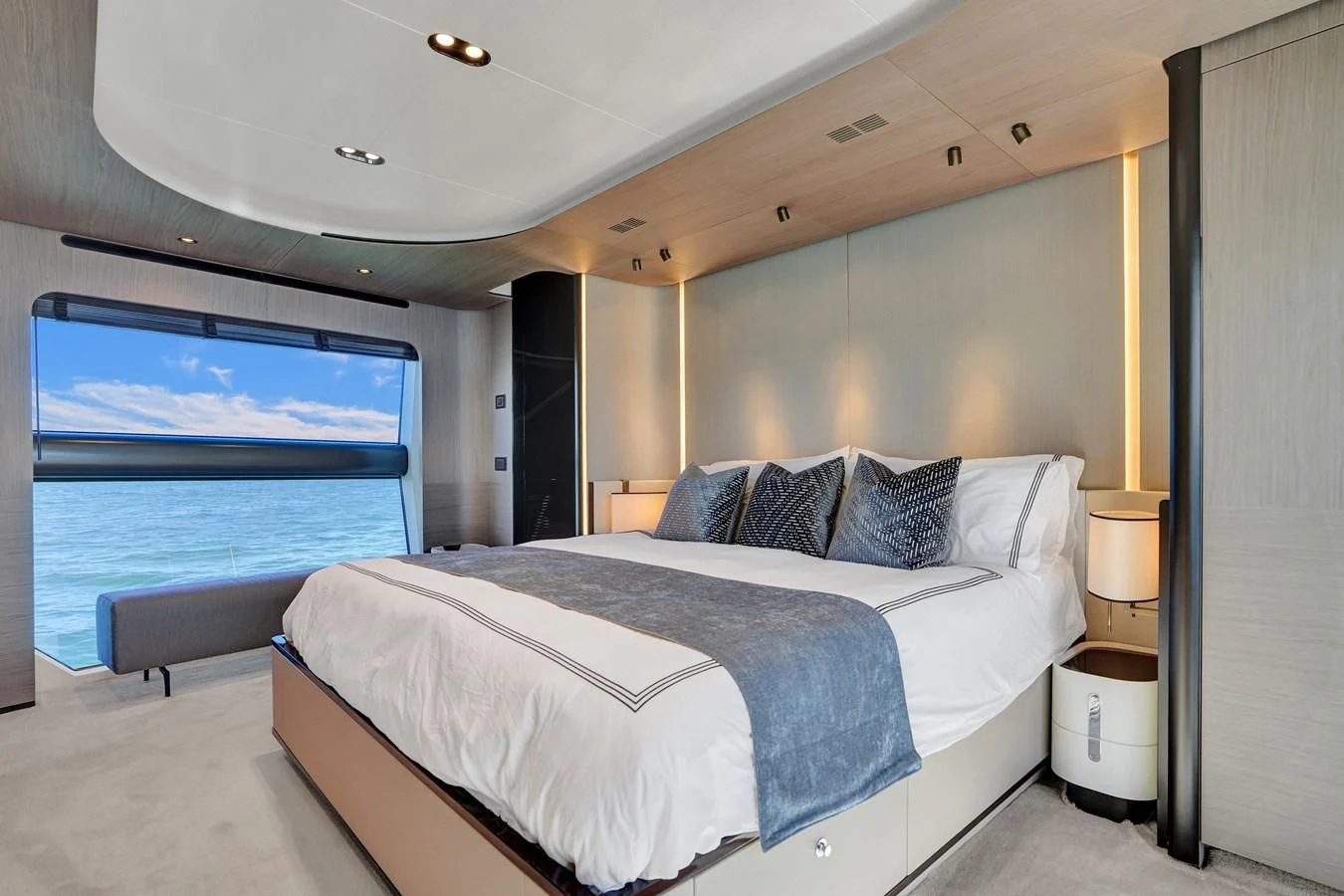 a bed in a room aboard ENCHANTE Yacht for Sale