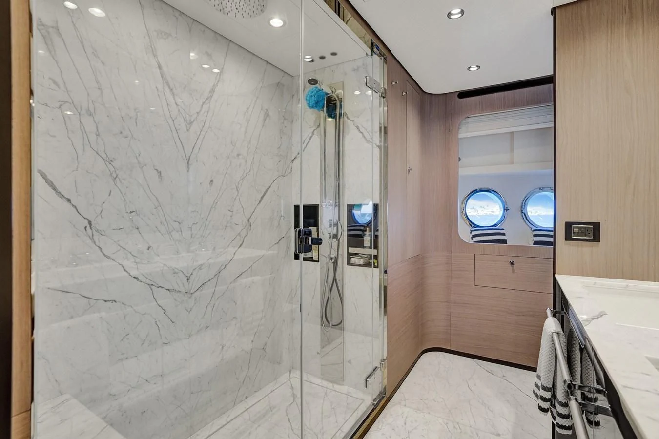 a shower unit in a bathroom aboard ENCHANTE Yacht for Sale