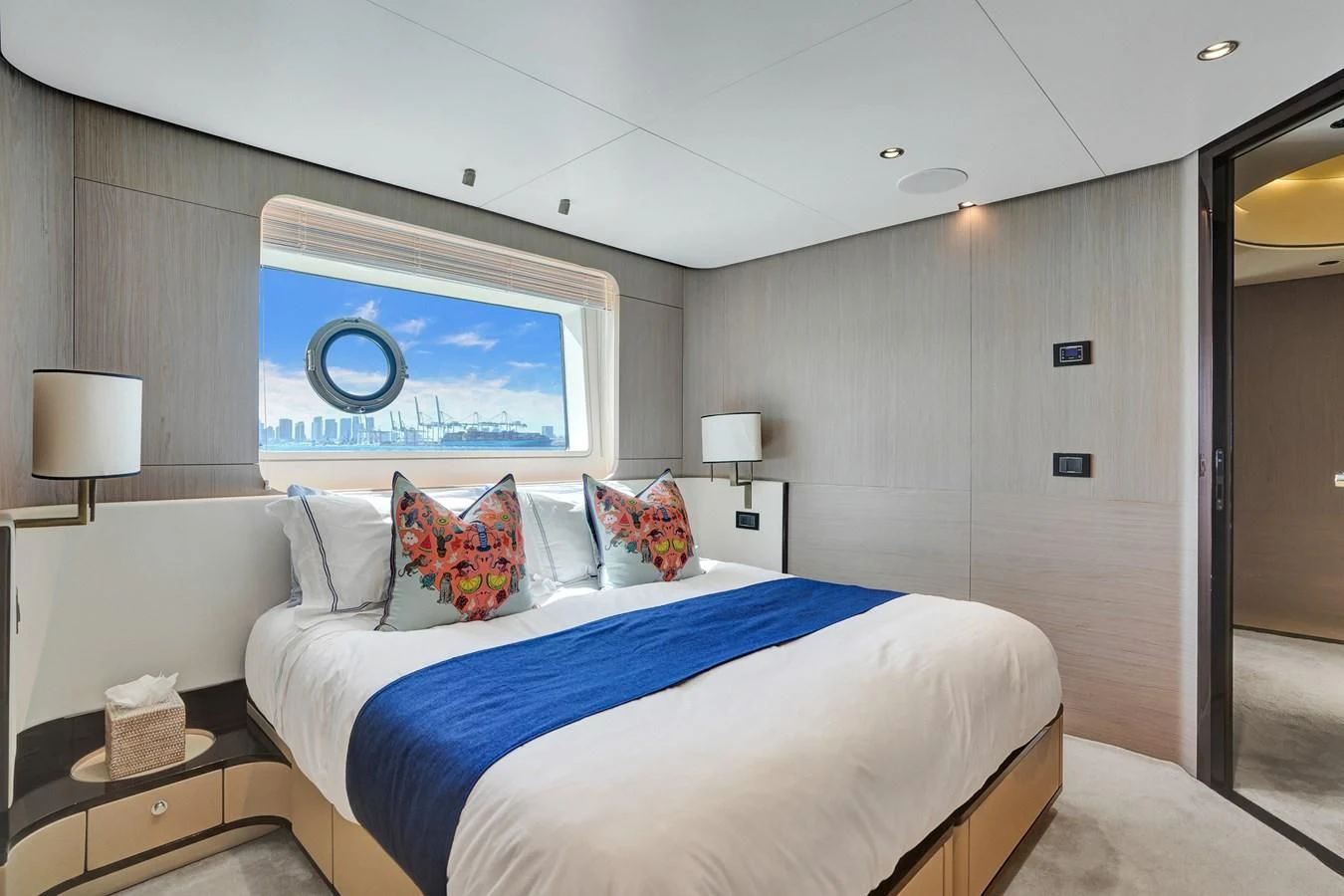 a bed in a room aboard ENCHANTE Yacht for Sale