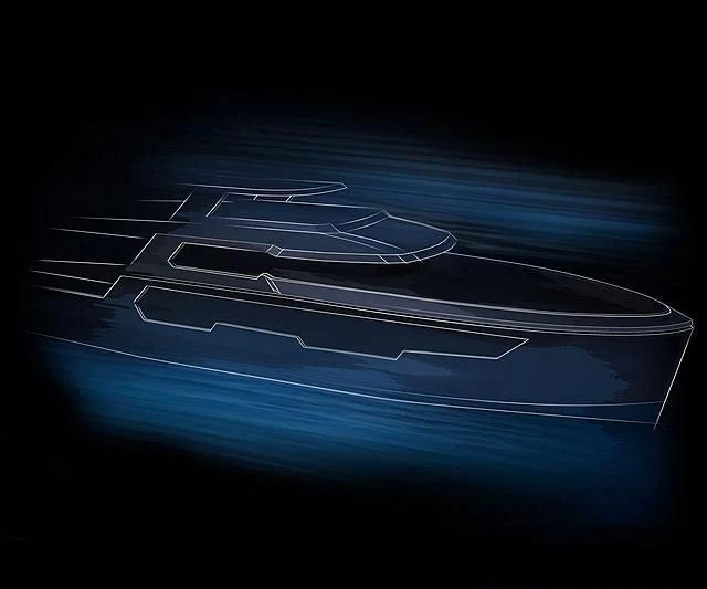 a blue car with white stripes aboard CARITA Yacht for Sale
