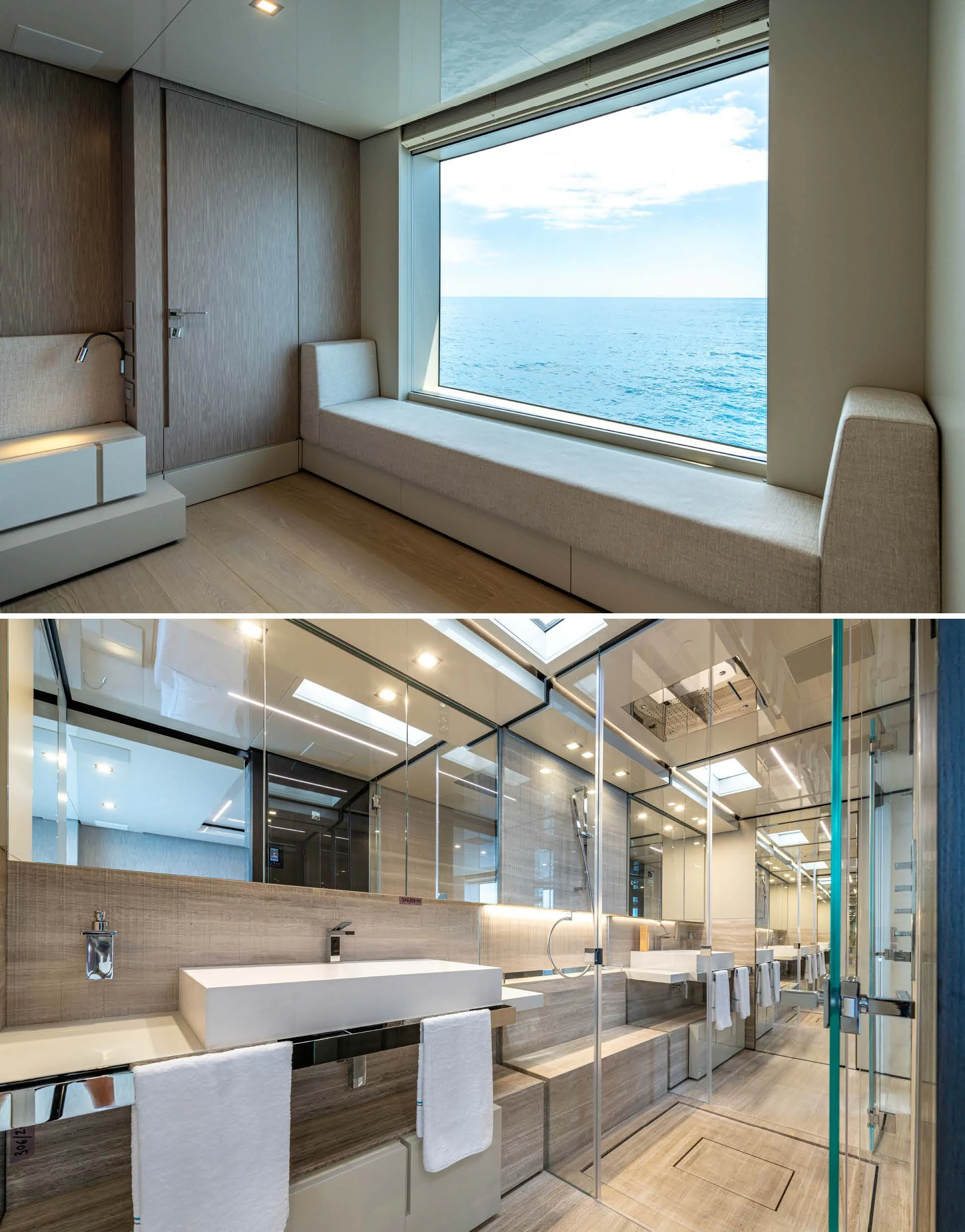 a room with a view of the ocean and a balcony aboard CARITA Yacht for Sale