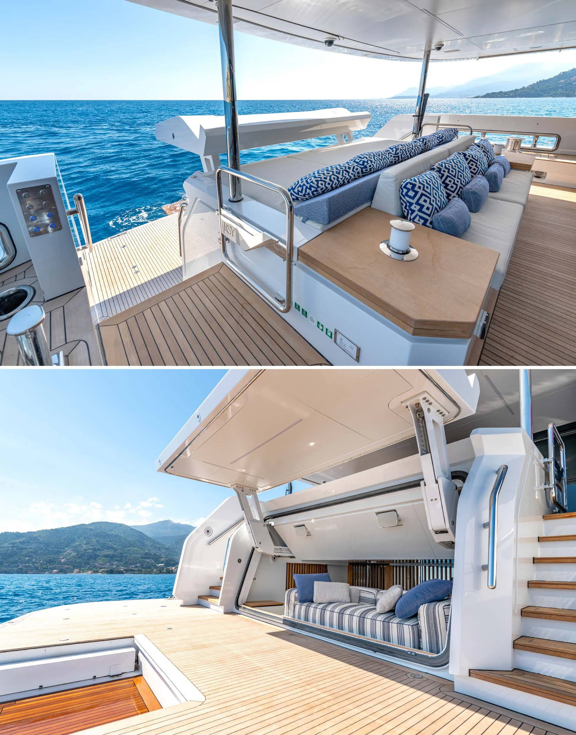 a deck with a large boat on it and a body of water in the background aboard CARITA Yacht for Sale